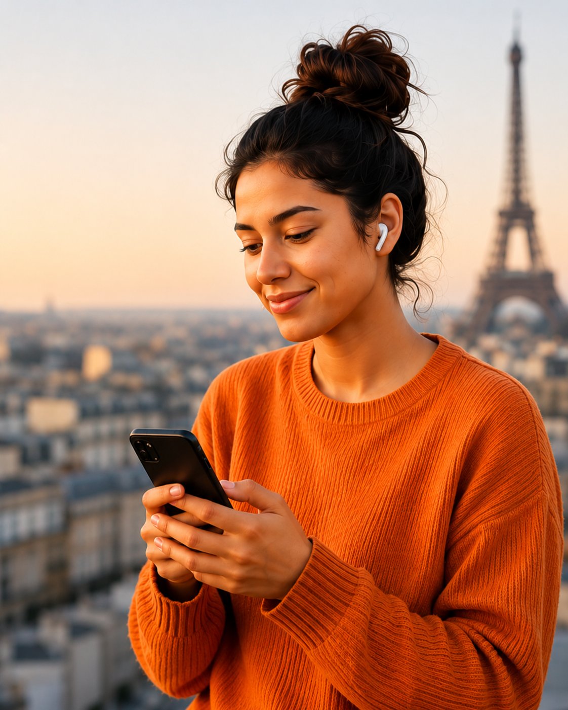 Young woman using SpeakFlow AI in Paris